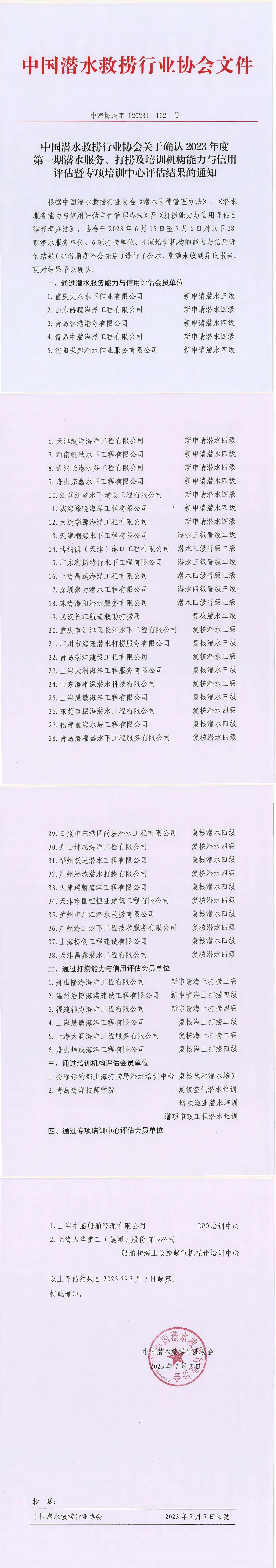 中国潜水救捞行业协会关于确认2023年度第一期潜水服务、打捞及培训机构能力与信用评估暨专项培训中心评估结果的通知（中潜协法字【2023】162号）_00.jpg
